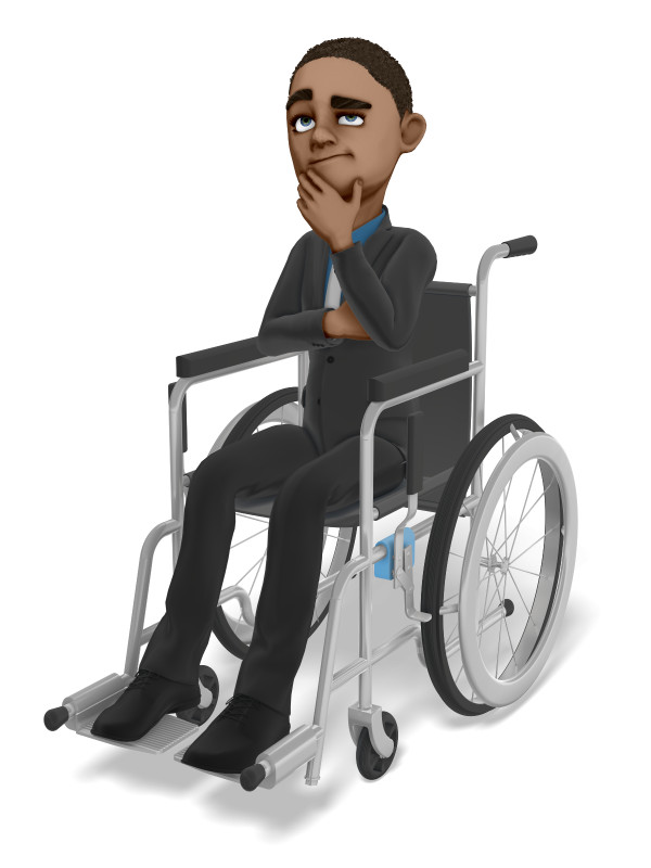 High-resolution clipart illustration of Ethan Wheelchair Thinking, designed for corporate project kickoff meetings, creative strategy brainstorming, and innovative product development pitches.