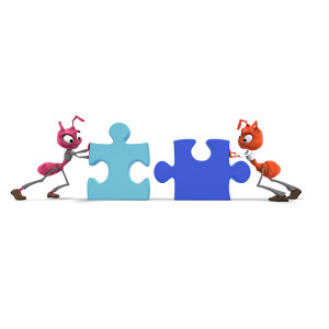 Ants Pushing Puzzle Pieces Together PowerPoint clipart graphic preview.