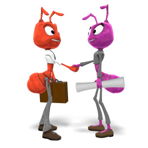 Business Ants Shaking Hands PowerPoint clipart graphic preview.
