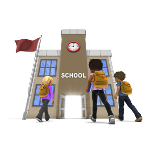 Group Of Students Walking Towards School PowerPoint clipart graphic preview.