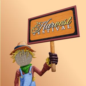 3D Scarecrow Holding Harvest Festival Sign - Customizable PowerPoint clipart graphic preview.