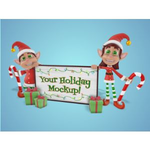 3D Holiday Elves Holding Sign  -  Mockup Customizable PowerPoint clipart graphic preview.