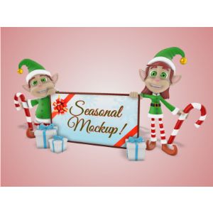 3D Holiday Elves Holding Sign  -  Mockup Customizable PowerPoint clipart graphic preview.
