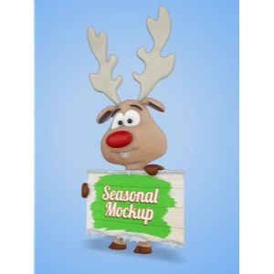 3D Reindeer Holding Snowy Sign  -  Mockup Customizable PowerPoint clipart graphic preview.