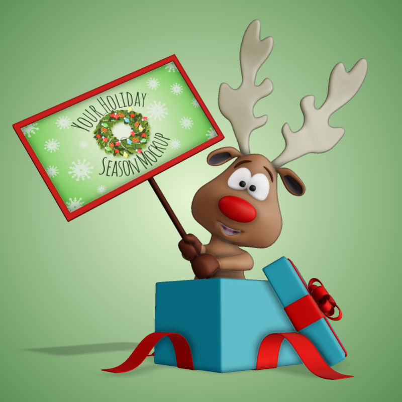 High-resolution customizable clipart of 3D Reindeer In Present Holding Sign Clipart - Customizable Mockup, designed for seasonal marketing campaigns, corporate event presentations, and holiday promotions.