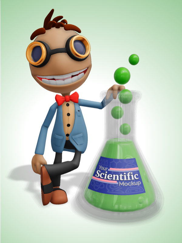 High-resolution customizable clipart of 3D Scientist Character With Science Flask - Customizable Mockup, designed for digital transformation strategies, enterprise software training, and advanced information technology frameworks.