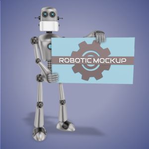 3D Retro Robot Holding Sign -  Mockup Customizable PowerPoint clipart graphic preview.