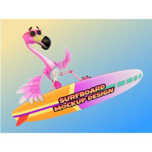 3D Surfing Flamingo -  Mockup Customizable PowerPoint clipart graphic preview.