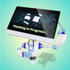 3D A.I. Robot Thinking-  Mockup Customizable PowerPoint clipart graphic preview.