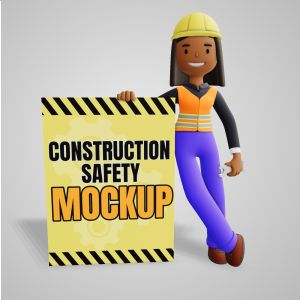 3D Construction Woman Leaning Sign-  Mockup Customizable PowerPoint clipart graphic preview.