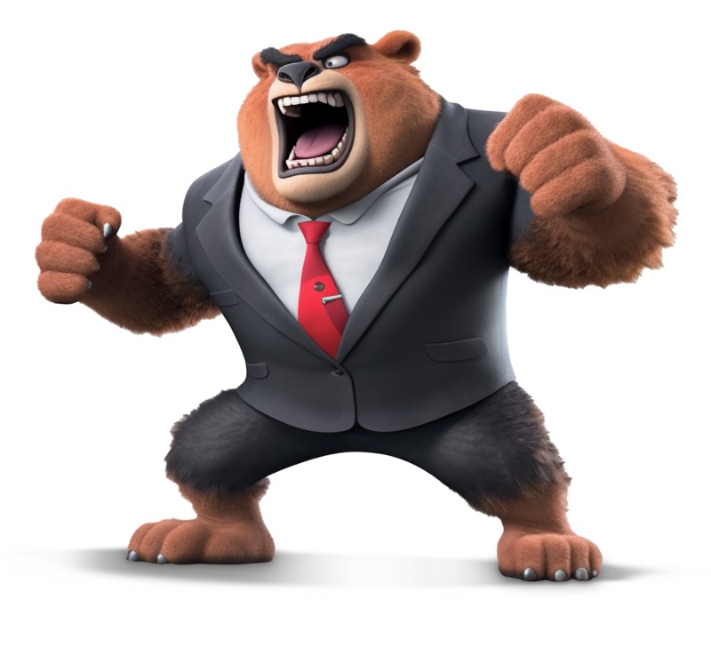 High-resolution clipart illustration of A Business Bear Standing Ready for a Fight, designed for environmental education decks, outdoor recreation marketing, and conservation awareness campaigns.