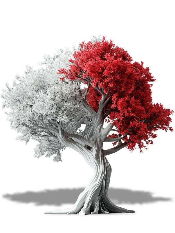 High-resolution clipart illustration of Colorless Tree with Red Accent Clipart, designed for environmental education decks, outdoor recreation marketing, and conservation awareness campaigns.