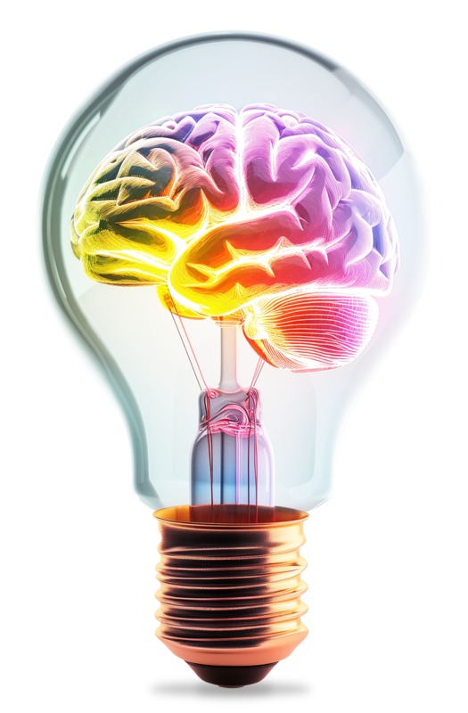 High-resolution clipart illustration of Colorful Light Bulb Brain Clipart, designed for corporate project kickoff meetings, creative strategy brainstorming, and innovative product development pitches.