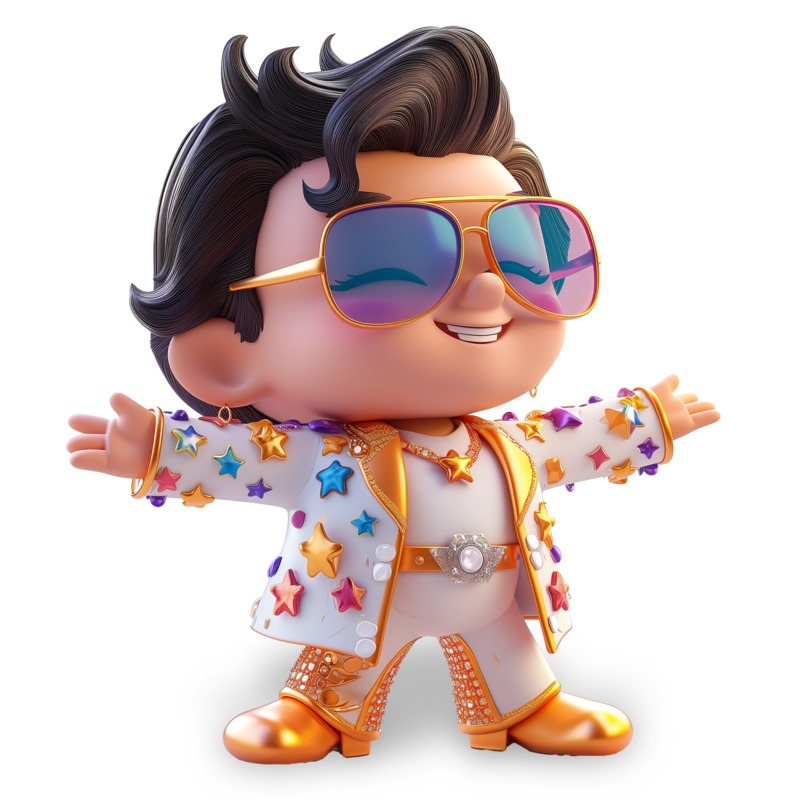 High-resolution clipart illustration of Las Vegas Elvis, designed for digital podcast broadcasting, multimedia content creation, and live entertainment event promotions.