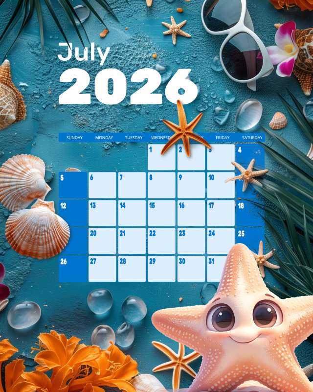High-resolution customizable clipart of Summer Beach Calendar for July, designed for global supply chain logistics, international market analysis, and regional business expansion tracking.