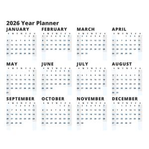 Printable 2026 Year Calendar Customizable PowerPoint clipart graphic preview.
