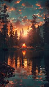 Tranquil Camping Sunset PowerPoint clipart graphic preview.