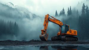 Excavator in Misty Landscape PowerPoint clipart graphic preview.