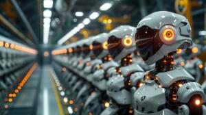 Futuristic Robot Assembly Line PowerPoint clipart graphic preview.