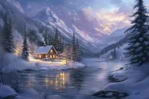 Winter Cabin Serenity PowerPoint clipart graphic preview.