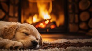Cozy Puppy by Fire PowerPoint clipart graphic preview.