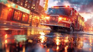Fire Truck in Rain PowerPoint clipart graphic preview.