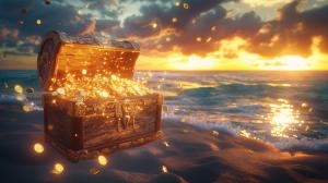 Treasure Chest at Sunset PowerPoint clipart graphic preview.