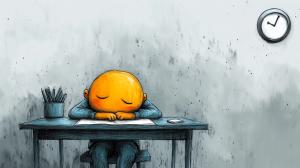 Tired Character at Desk PowerPoint clipart graphic preview.