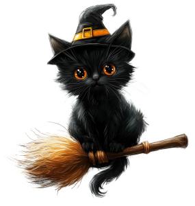 Black Cat On Witches Broom PowerPoint clipart graphic preview.