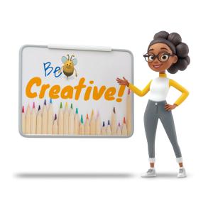 Woman Presenting at Whiteboard - Customizable PowerPoint clipart graphic preview.