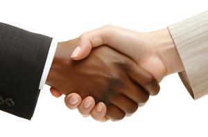 Woman Man Shaking Hands PowerPoint clipart graphic preview.