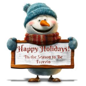 Festive Smiling Snowman Holding Sign - Customizable PowerPoint clipart graphic preview.