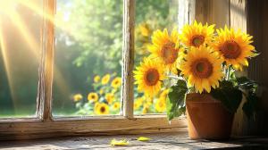 Morning Sunflowers in Window PowerPoint clipart graphic preview.