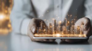 Digital City Skyline Tablet PowerPoint clipart graphic preview.