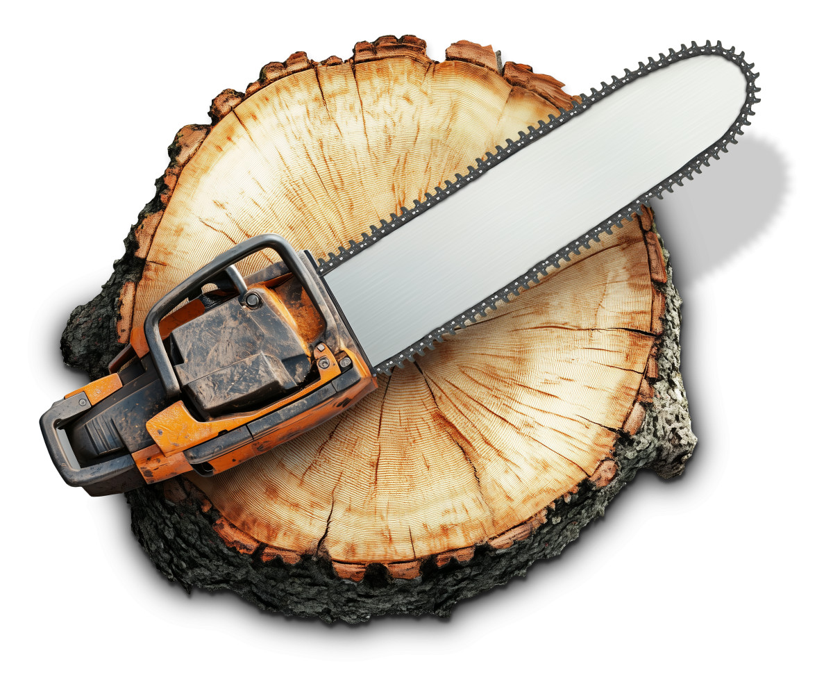 High-resolution clipart illustration of Chainsaw on Tree Stump Clipart for Forestry Presentations, designed for environmental education decks, outdoor recreation marketing, and conservation awareness campaigns.