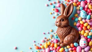 Chocolate Easter Bunny PowerPoint Background with Eggs PowerPoint clipart graphic preview.