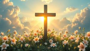 Wooden Cross Easter Background with Lilies and Sunlight PowerPoint clipart graphic preview.