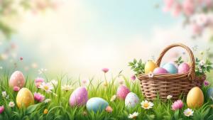 Easter Basket PowerPoint Background with Colorful Eggs PowerPoint clipart graphic preview.