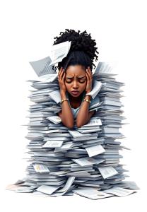 Overwhelmed Office Worker  with Papers PowerPoint clipart graphic preview.