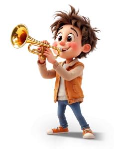 Cheerful Boy Playing Trumpet  for Kids' Presentations PowerPoint clipart graphic preview.