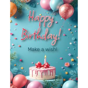 Happy Birthday Cake  with Balloons and Candle Customizable PowerPoint clipart graphic preview.