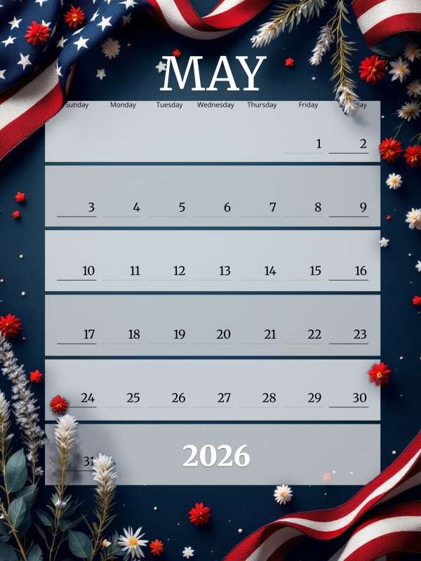 High-resolution customizable clipart of Memorial Day May Calendar, designed for seasonal marketing campaigns, corporate event presentations, and holiday promotions.