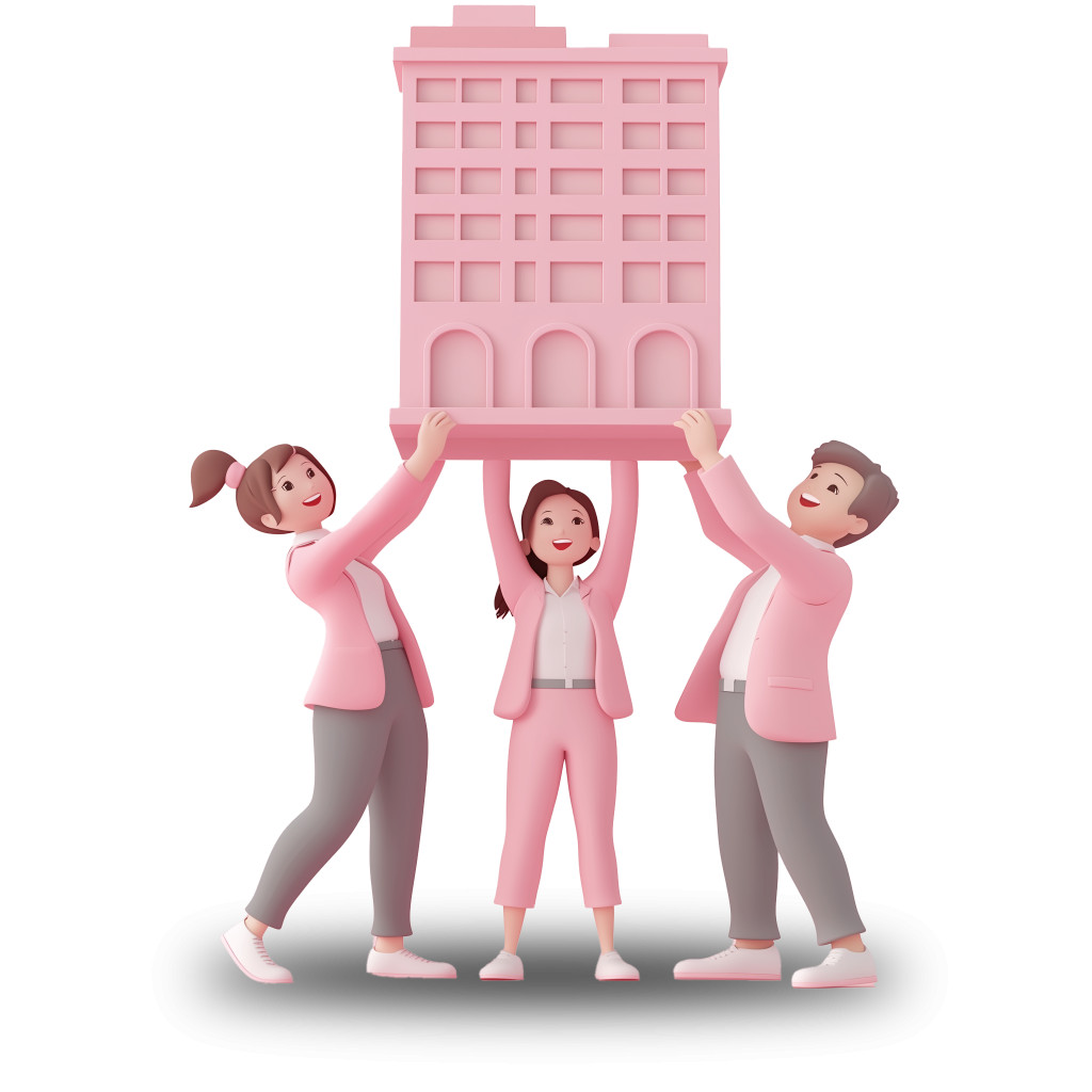 High-resolution clipart illustration of People Holding Up Pink Building, designed for high-energy corporate team building, health and fitness promotions, and motivational athletic slide layouts.