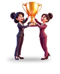 Businesswomen Holding Trophy PowerPoint clipart graphic preview.