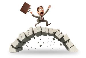 of Businessman Jumping Over Crumbling Bridge PowerPoint clipart graphic preview.