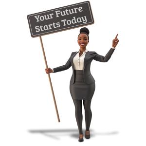 Confident Businesswoman Holding Sign - Customizable PowerPoint clipart graphic preview.