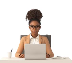 Professional Woman at Laptop Desk PowerPoint clipart graphic preview.