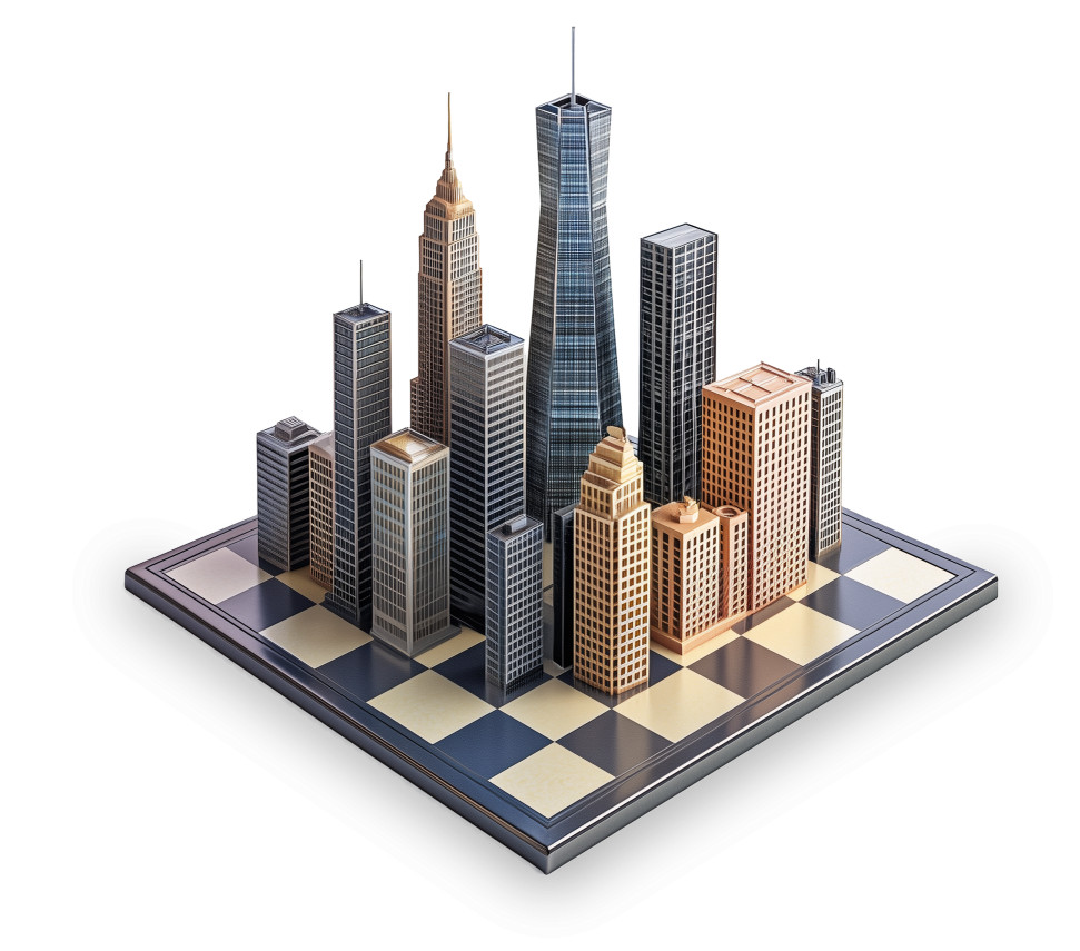 High-resolution clipart illustration of Skyscraper Chessboard Clipart for Urban Planning and Business Strategy Presentations, designed for corporate project kickoff meetings, creative strategy brainstorming, and innovative product development pitches.