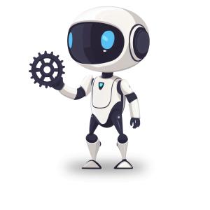 Cartoon Robot Holding Gear  for STEM, Robotics, and AI Presentations PowerPoint clipart graphic preview.