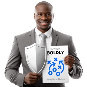 Businessman Holding Shield and Innovation Strategy Sign - Customizable PowerPoint clipart graphic preview.